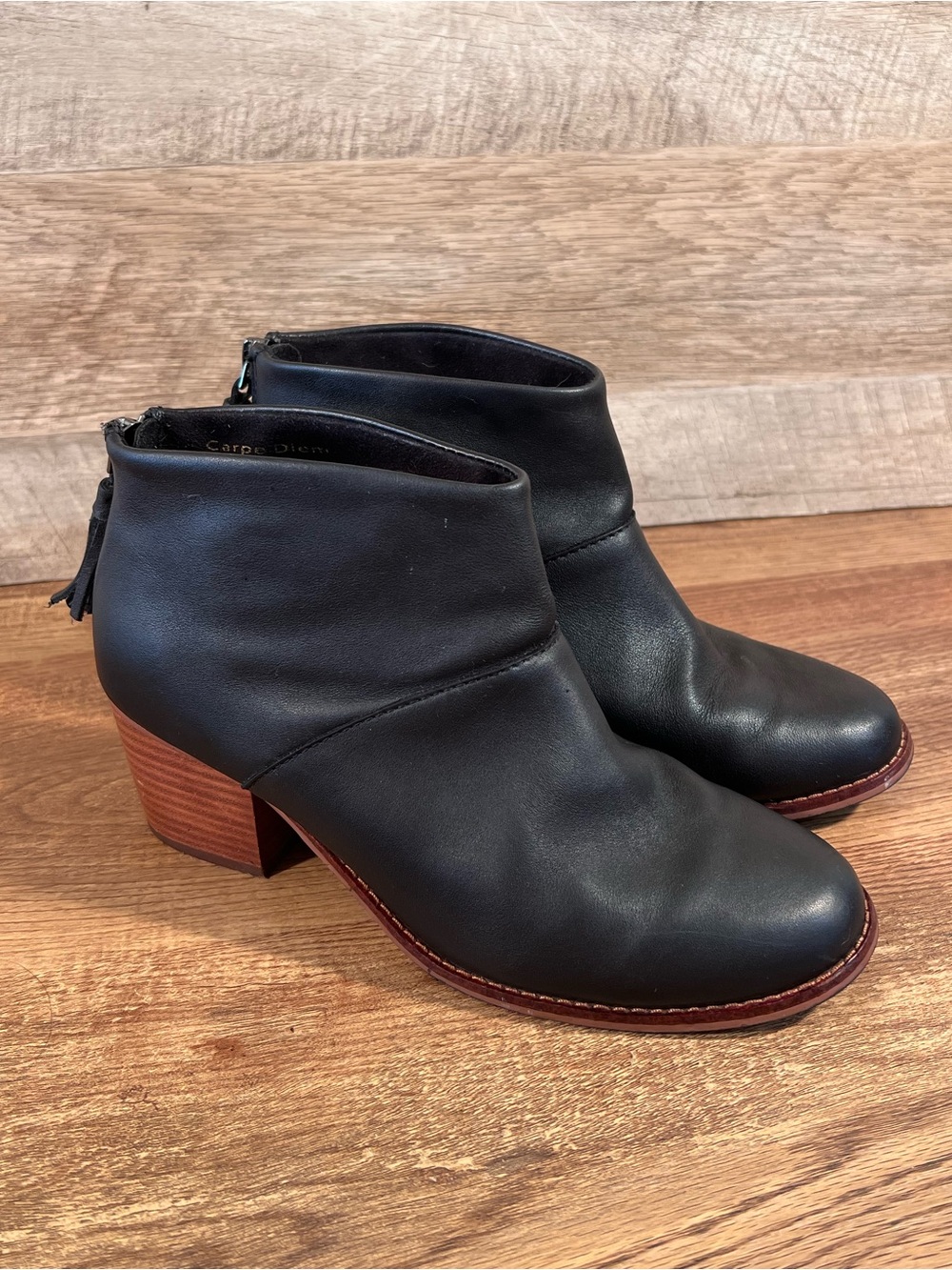 Toms Black Leather Ankle Booties with Stacked Wood Heel